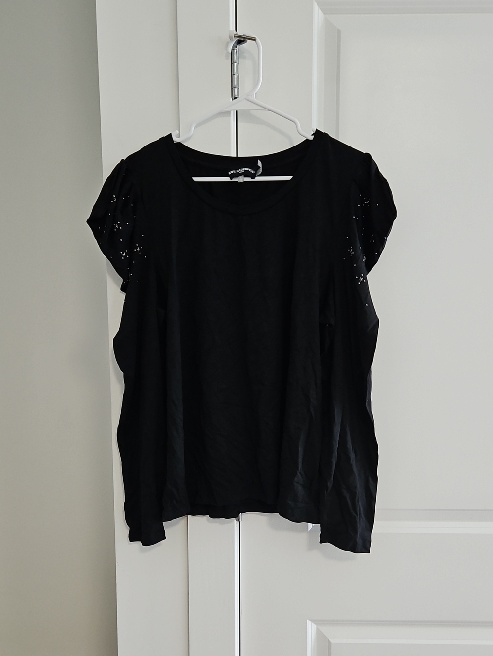 Karl Lagerfeld Black Short Sleeve Tee with Embellished Shoulders